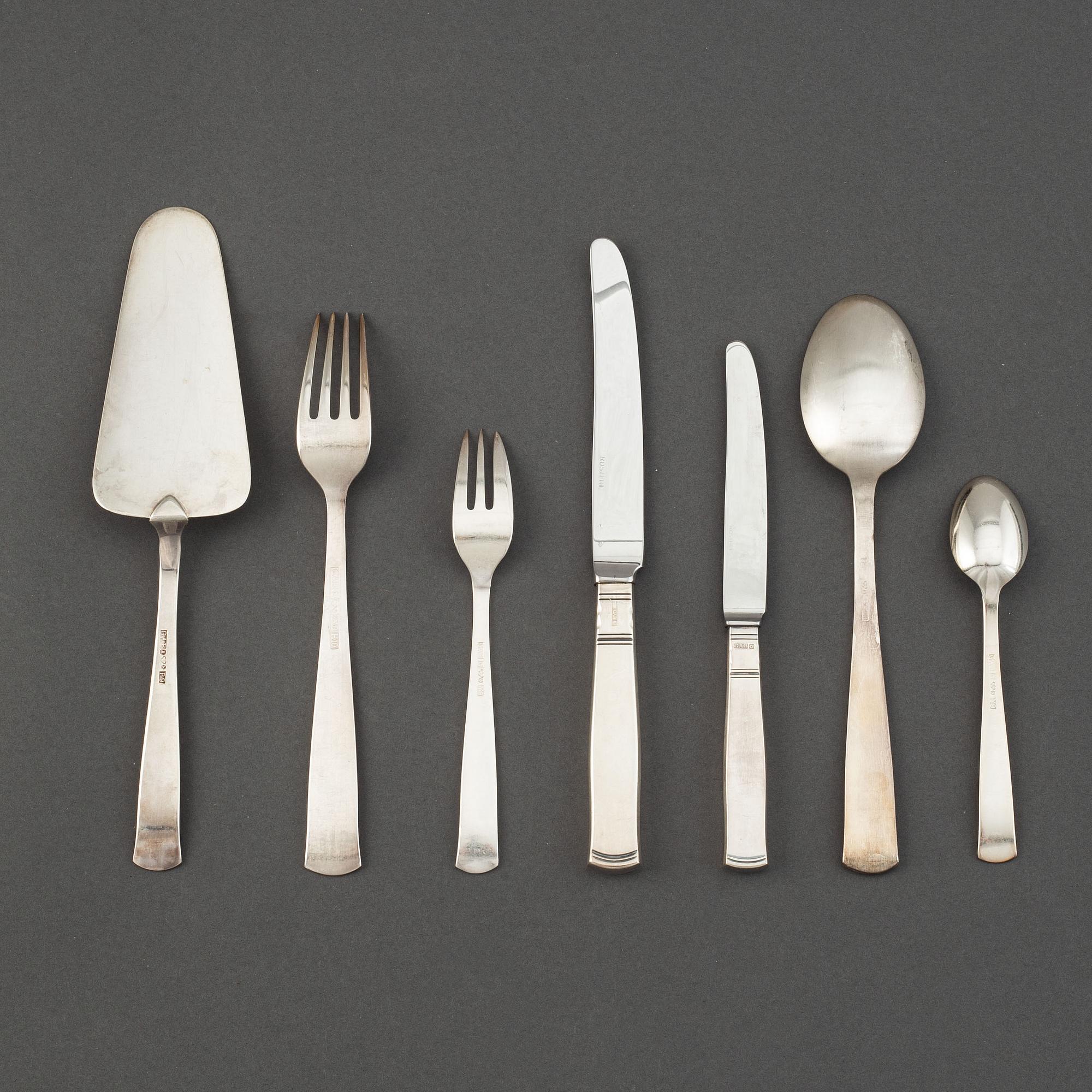 Jacob Ängman, a 66 piece "Rosenholm" silver part flatware service, maker's mark GAB, Stockholm, 1960/70s.