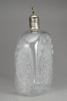 FLASKA, glas med propp delvis i låghaltigt  silver, 1800-tal.