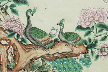 Oidentifierad konstnär, Påfåglar i blommande trädgård, gustaviansk ram, 1700-tal.