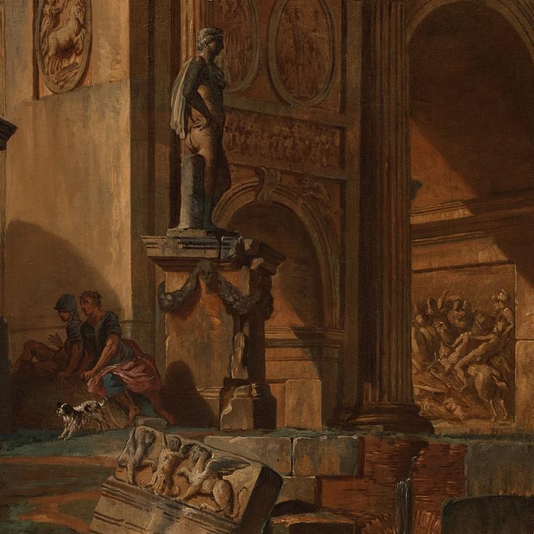 Giovanni Paolo Panini, Capriccio med figurer vid romerska ruiner och Konstantinbågen.