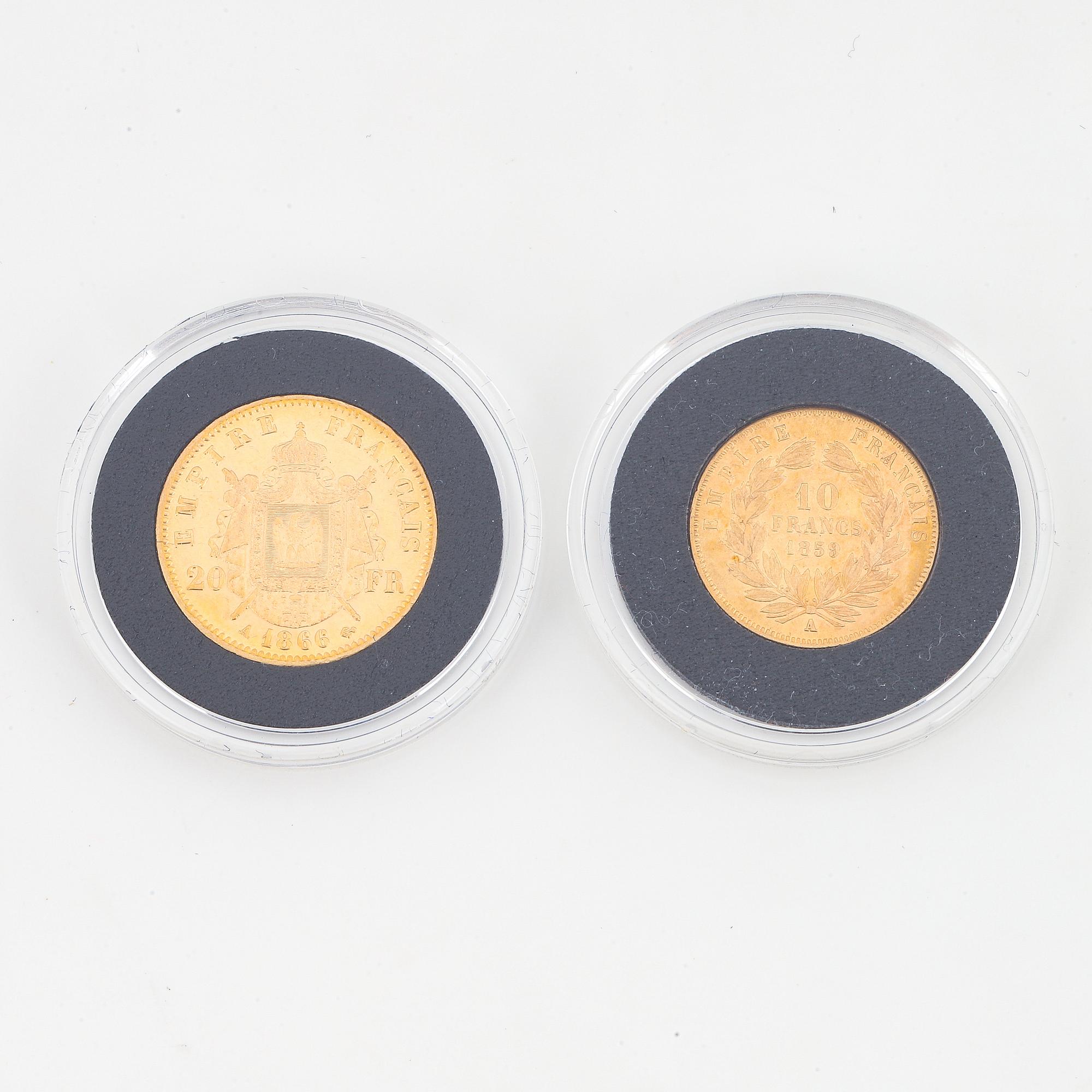 Napoleon III, France, two gold coins, 20 Franc, 1866 and 10 Francs 1859.