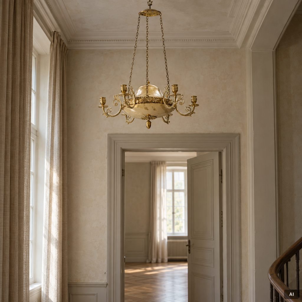 A Swedish Empire gilt brass six-branch chandelier, early 19th century.