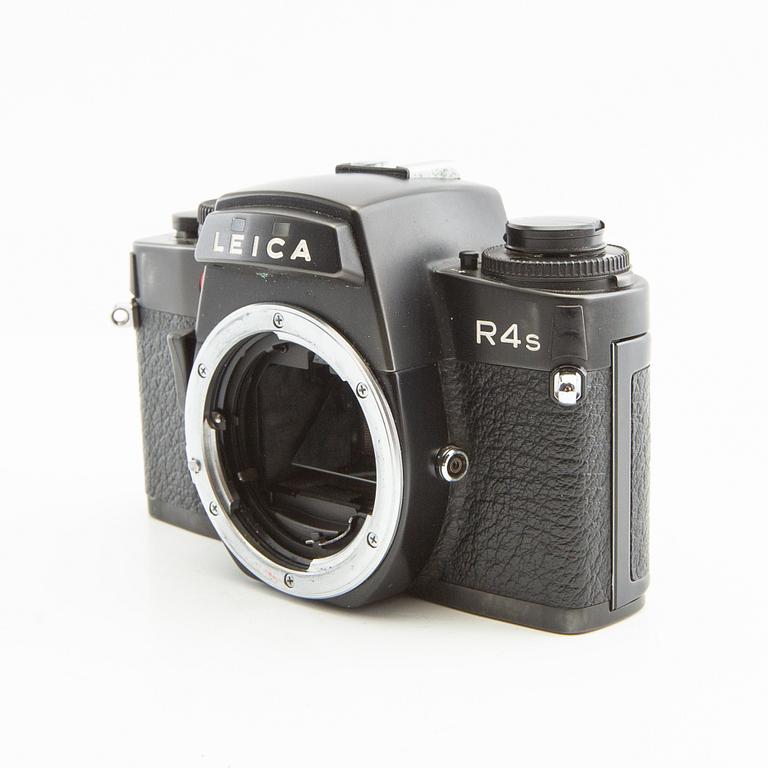 Leica R4s camera body, lens, and accessories.