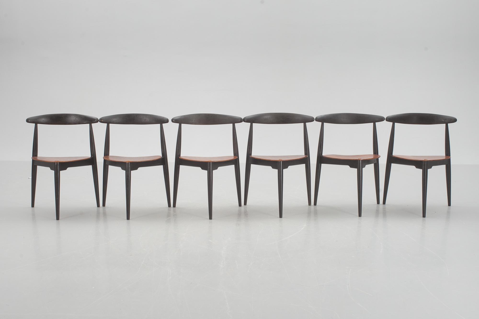 STOLAR, 6 st, "Hjertestolen", Hans J Wegner, Fritz Hansen, Danmark.