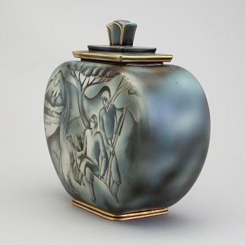 A flambé stoneware jar with cover by Gunnar Nylund for Rörstrand.