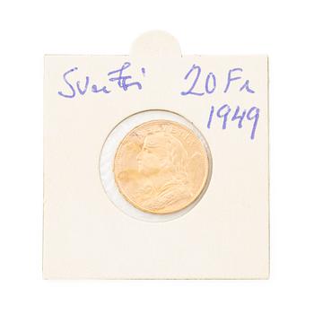 Gold coin, Switzerland, 20 Franc, 1949.
