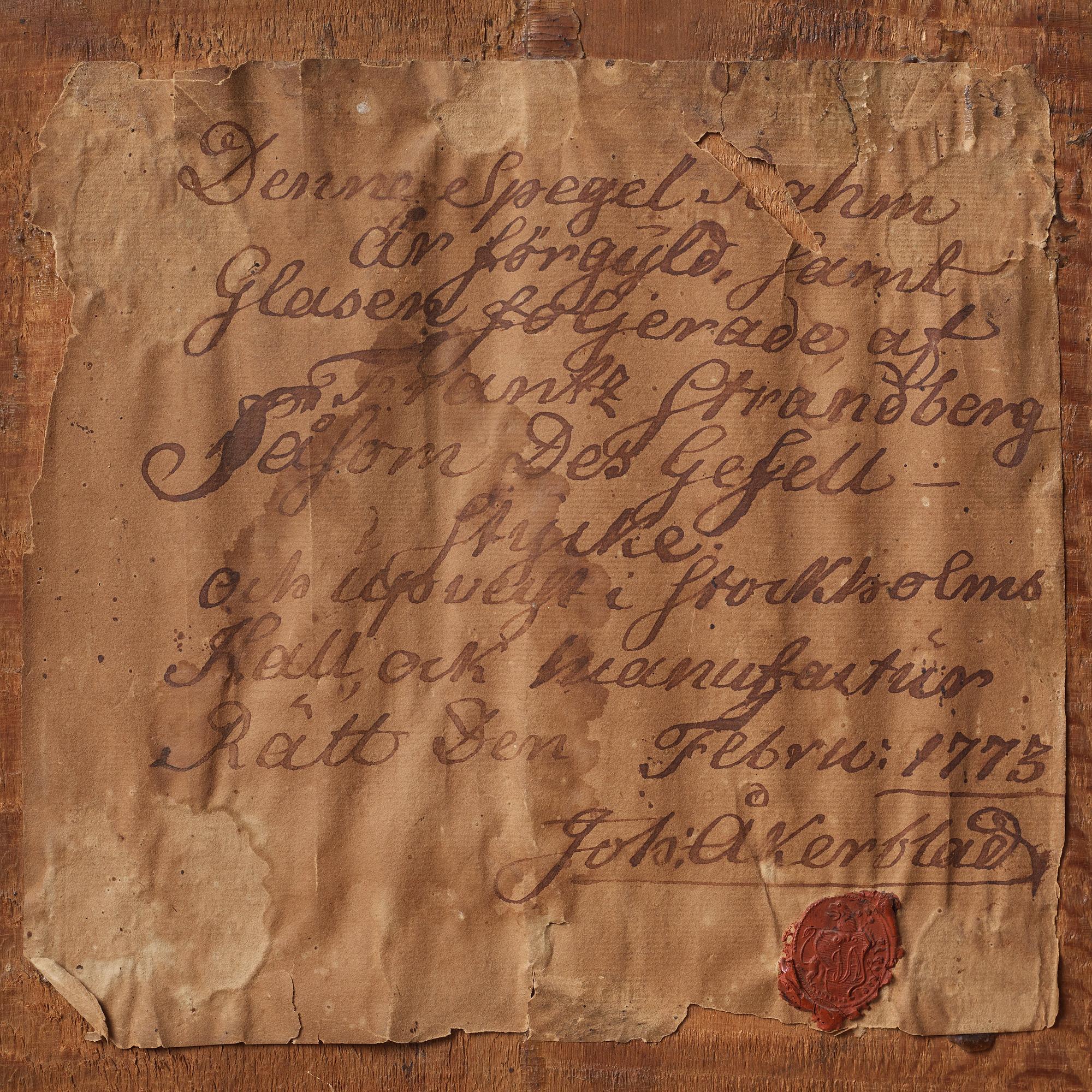 SPEGEL, GESÄLLPROV, av Frantz Strandberg, Stockholm 1773, rokoko/gustaviansk.