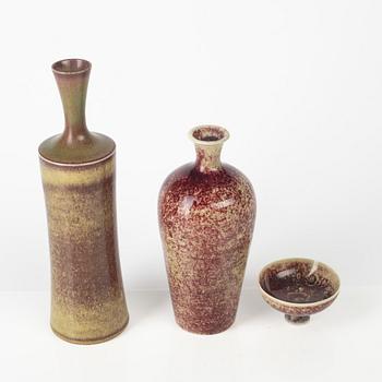 Sven Wejsfelt, vaser, 2 st och skål, stengods, Gustavsbergs Studio 1985.