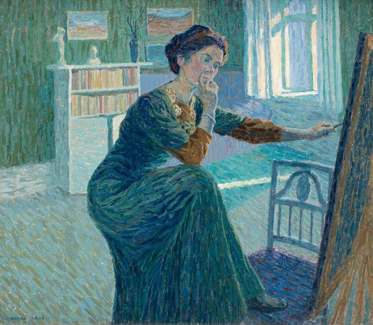 Agnes Cleve, Self portrait by the easel.
