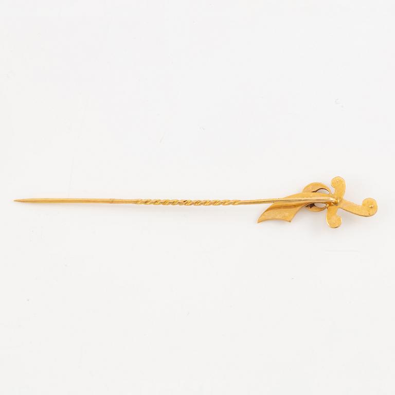 Tie pin/hat pin, in the form of a sword, 18K gold with seed pearls.