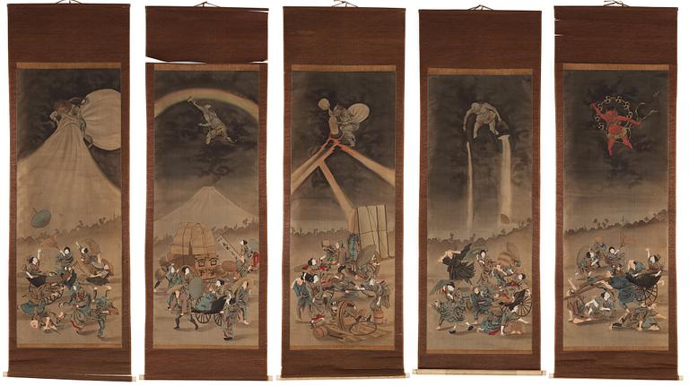 RULLMÅLNINGAR, sex stycken, tusch och färg på papper. Japan, Meiji (1868-1912).
