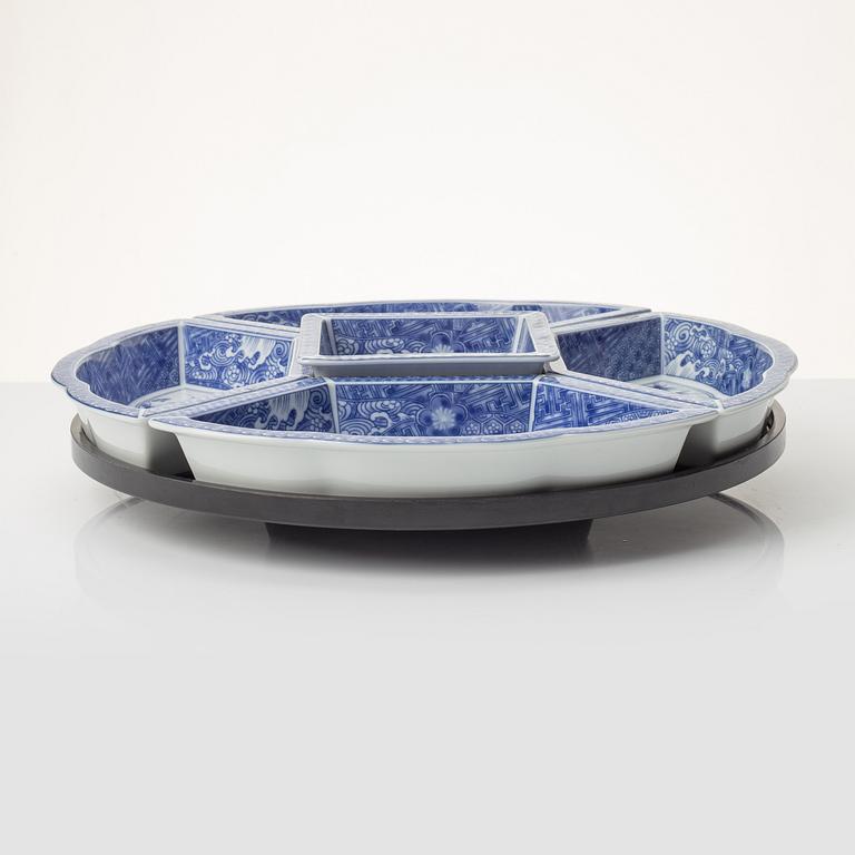 A Japanese blue and white six piece cabaret on a 'lazy Susy', secon half of the 20th century.