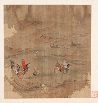 1432. ALBUMBLAD, målning på siden. Jaktsällskap med falkenerare, Qing dynastin, troligen 1700-tal.