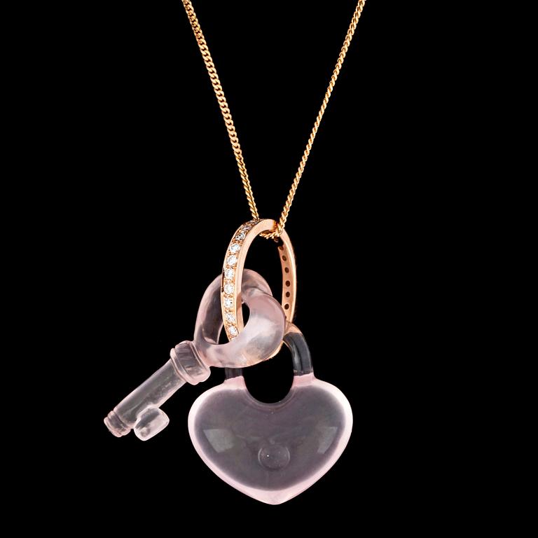 A rose quarts and brilliant cut diamond pendant, heart and key shaped, tot. 0.32 cts.