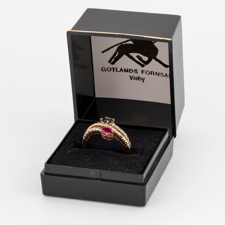 Ruby, sapphire and brilliant-cut diamond ring.