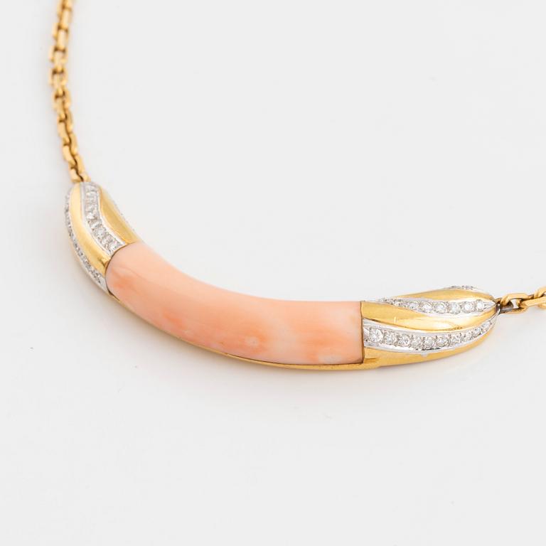Coral and brilliant cut diamond necklace.