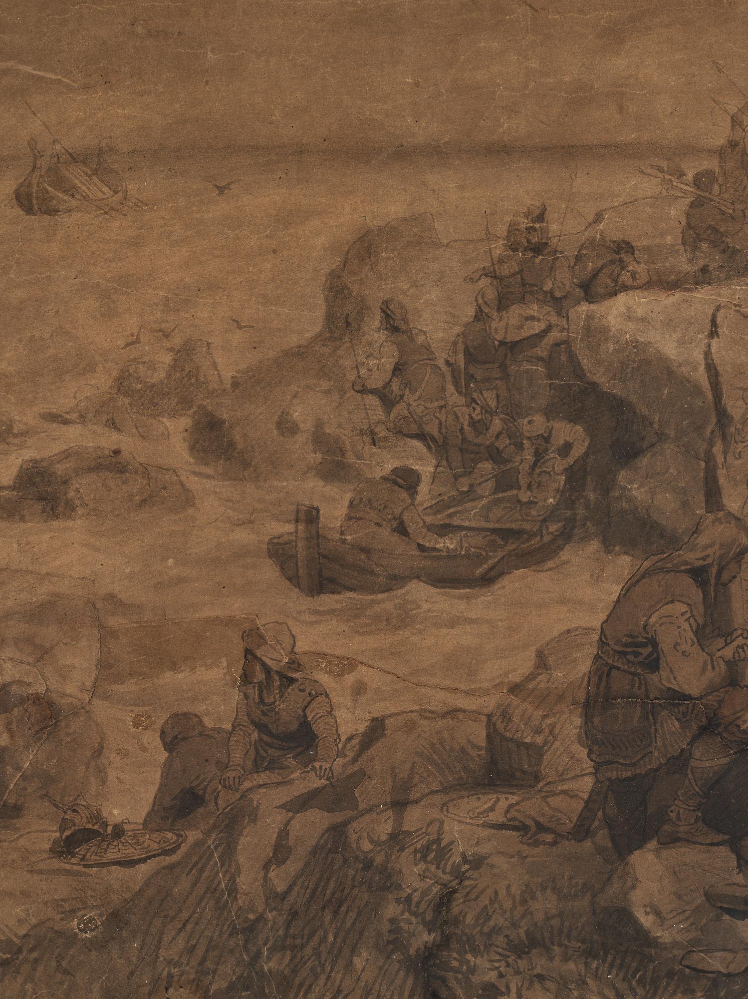 August Malmström och Hans Gude, tuschlavyr på brunt papper förhöjd med vit gouache, signerad Hans Gude och A. Malmström.