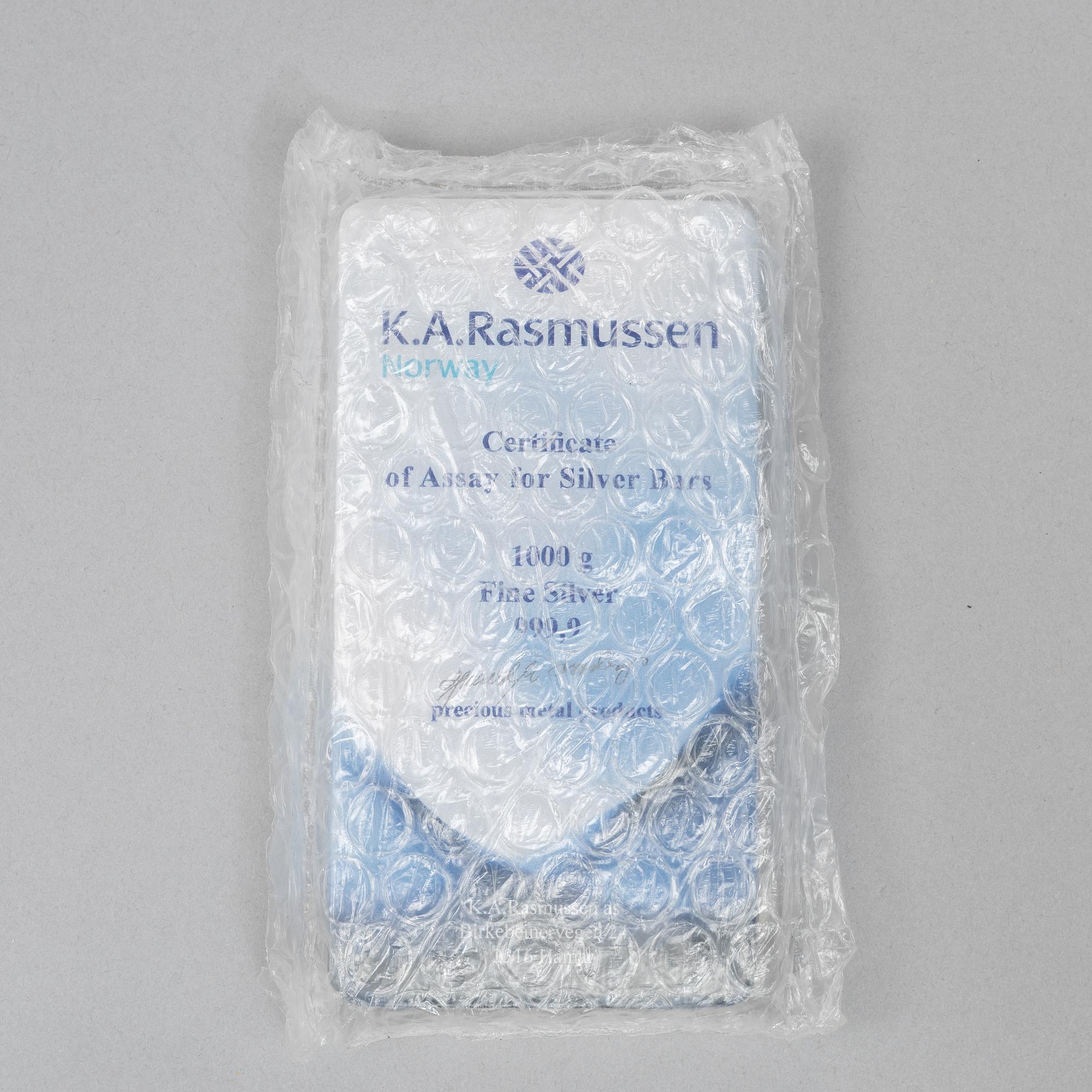 A silver bar, 1000 grams of fine silver, K.A. Rasmussen, Norway.