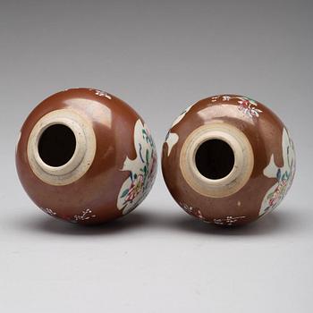 A pair of famille rose and cappuciner brown jars, Qing dynasty, Qianlong (1736-95).