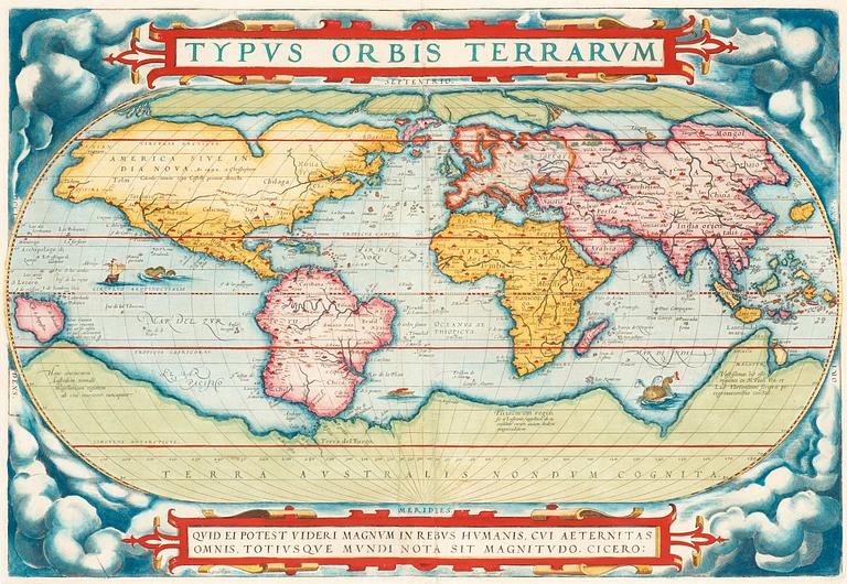 Abraham Ortelius, Ur: Theatrum Orbis Terrarum" (6). Världskarta, Europa, Asien, Afrika, Amerika samt porträtt. 1579.