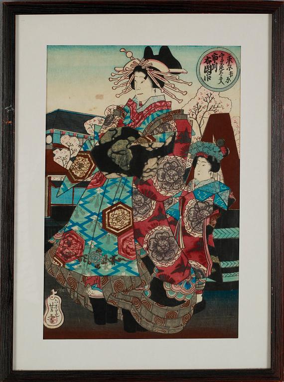 OKÄND KONSTNÄR, 3 st, kolorerade träsnitt, Japan, 1800-/1900-tal.