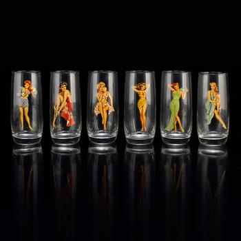 Six second half of the 20th century glasses with pictures of pinup girls.
