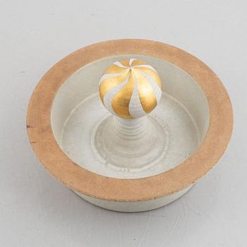 Lisa Larson, three stoneware candlesticks "Julius", "Juliana", "Angel" aswell as a bowl "Guldknopp",  Gustavsberg.