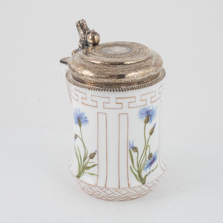A porcelain tankarnd with older silver mounted lid, Royal Copenhagen, Denmark, 1889-1922.