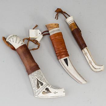 Three Sami reindeer horn knives, signed.