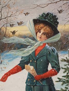 Jenny Nyström, You woman feeding birds in the snow.