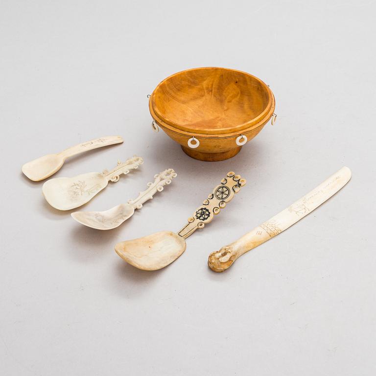 Bowl, letter knife and 4 spoons, some signed, sami handicraft / duodji, early 20th century.