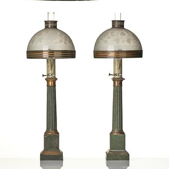 A pair of Empire painted sheet metal carcel oil lamps.