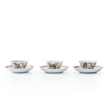 A set of three famille rose tea cups with stands, Qing dynasty, Yongzheng (1723-35).