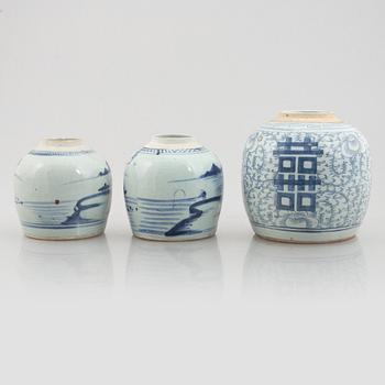 Three blue and white ginger jars, China, Qing dynasty, 19th century.