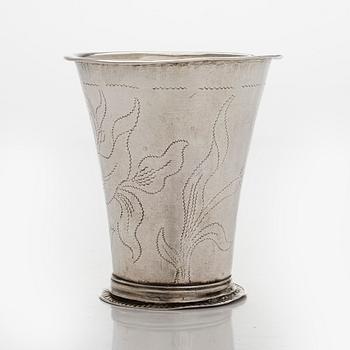 An 18th-century parcel-gilt beaker, maker's mark of Ferdinand Sehl the younger, active in Stockholm 1723-1743.