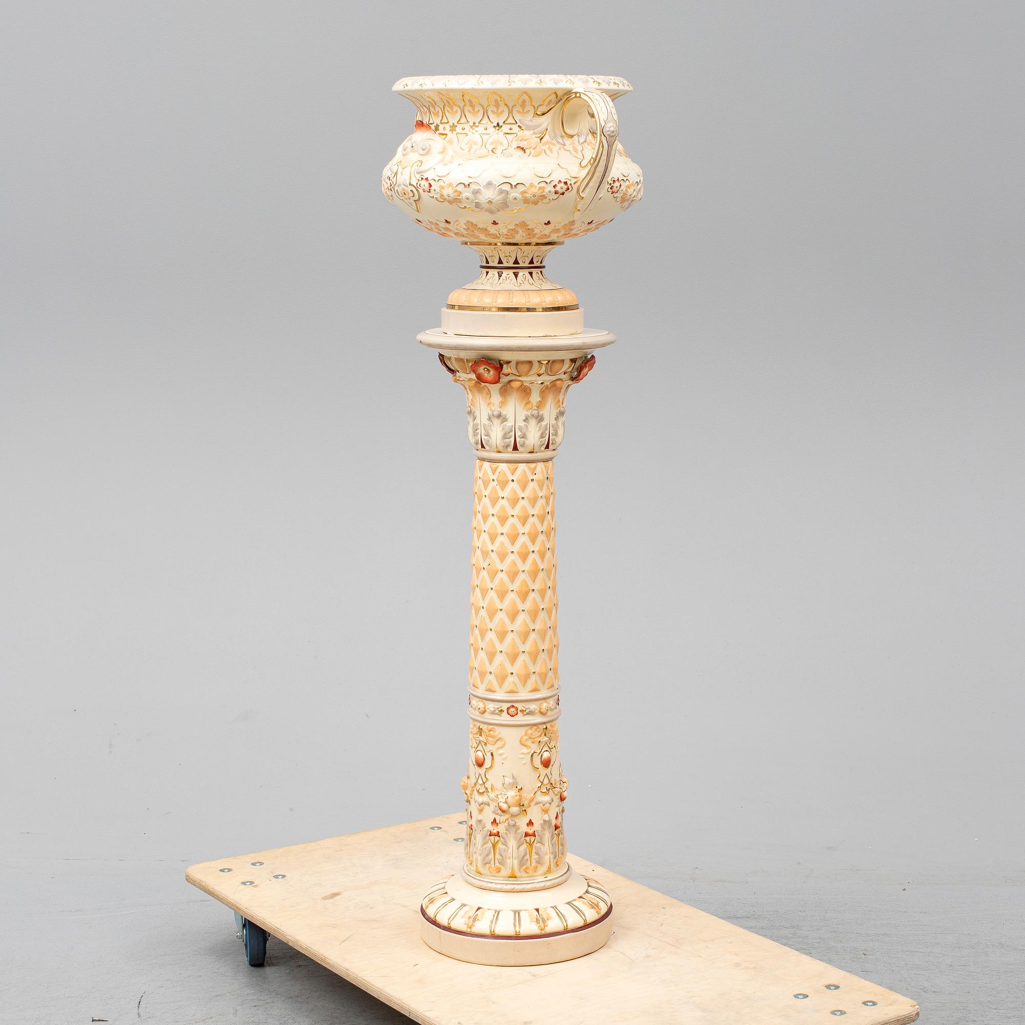 A ceramic pedestal and plant pot from Rörstrand, circa 1900.