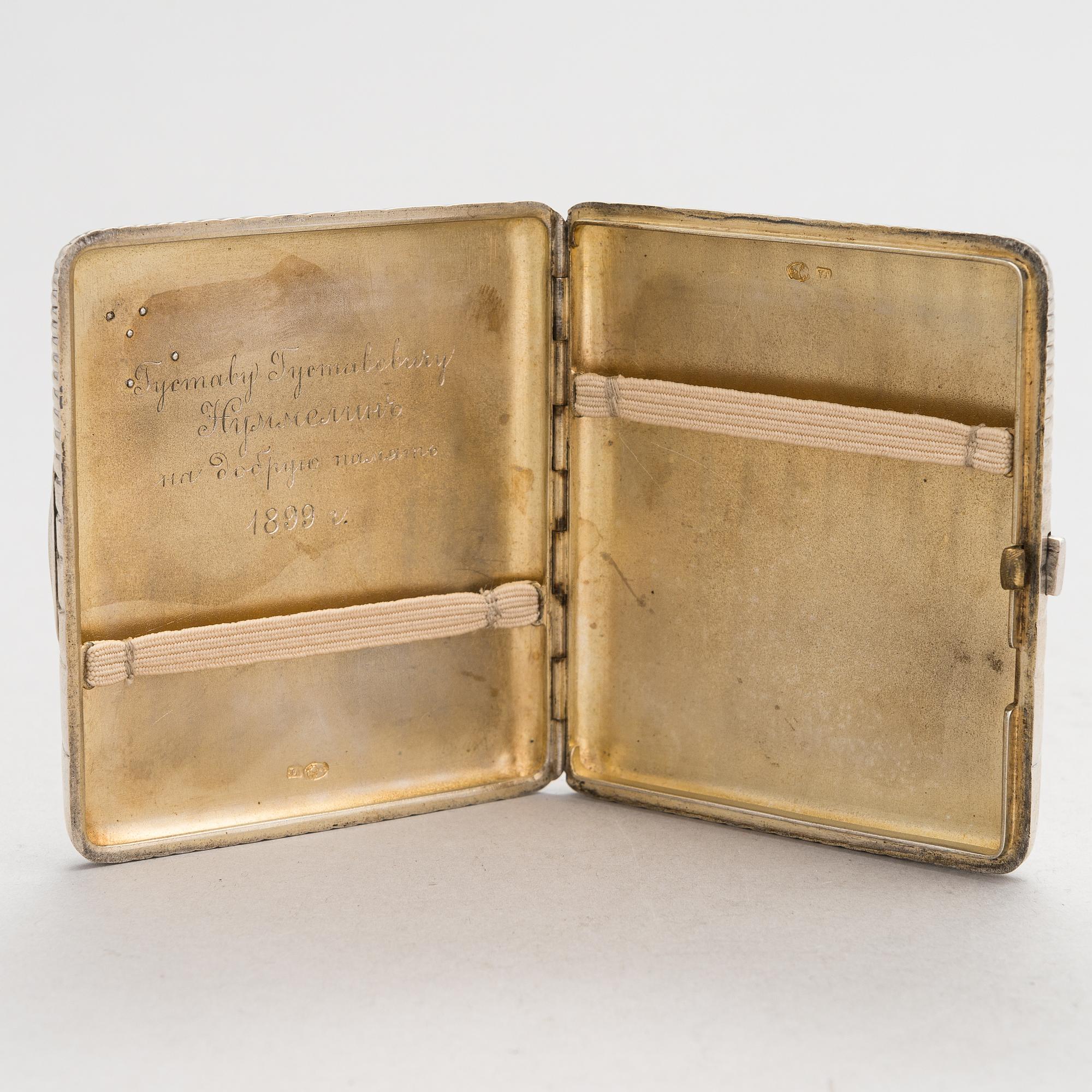 A silver cigarette case, maker's mark of Johan Allenius, Saint Petersburg, Russia 1898.