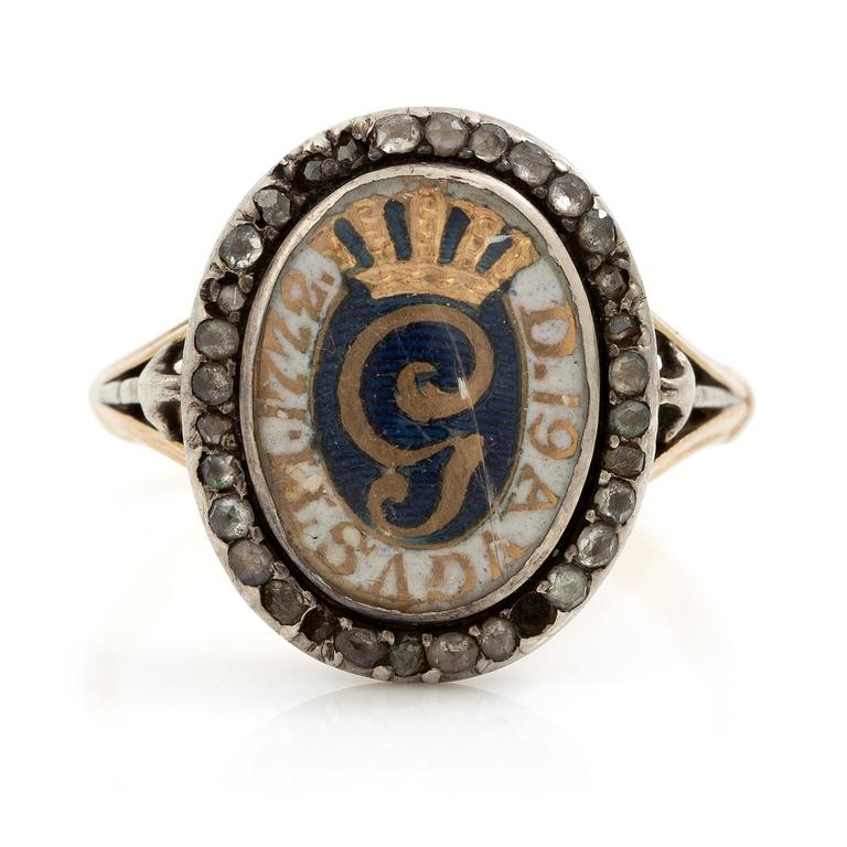 Revolutionsring, Gustav III, guld, silver, emalj och diamanter.