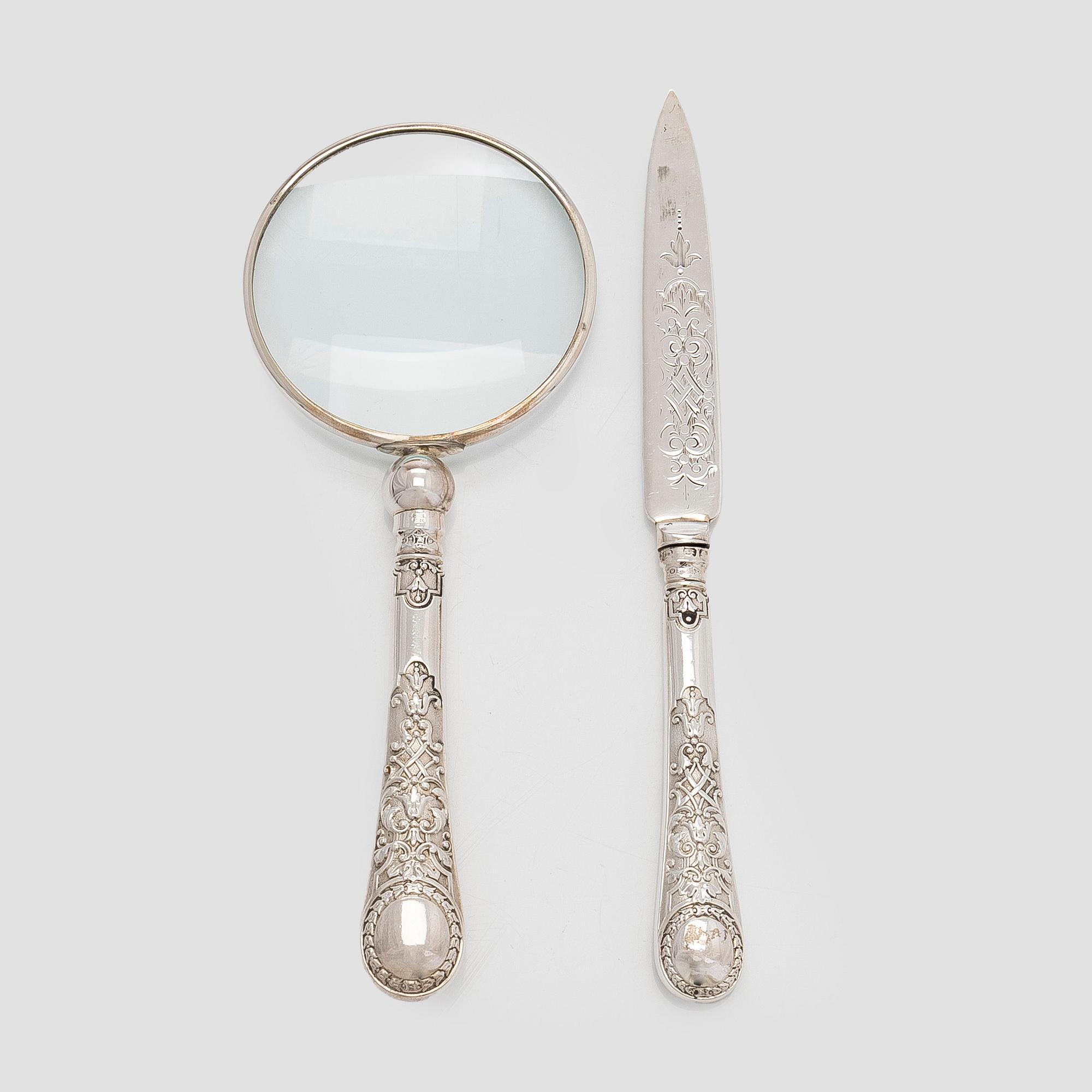 Förstoringsglas och brevkniv, silver, Martin, Hall & Co London 1875. I ask.