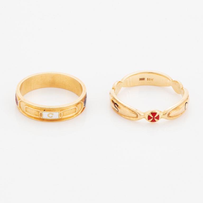 Two rings, 18K gold and enamel.
