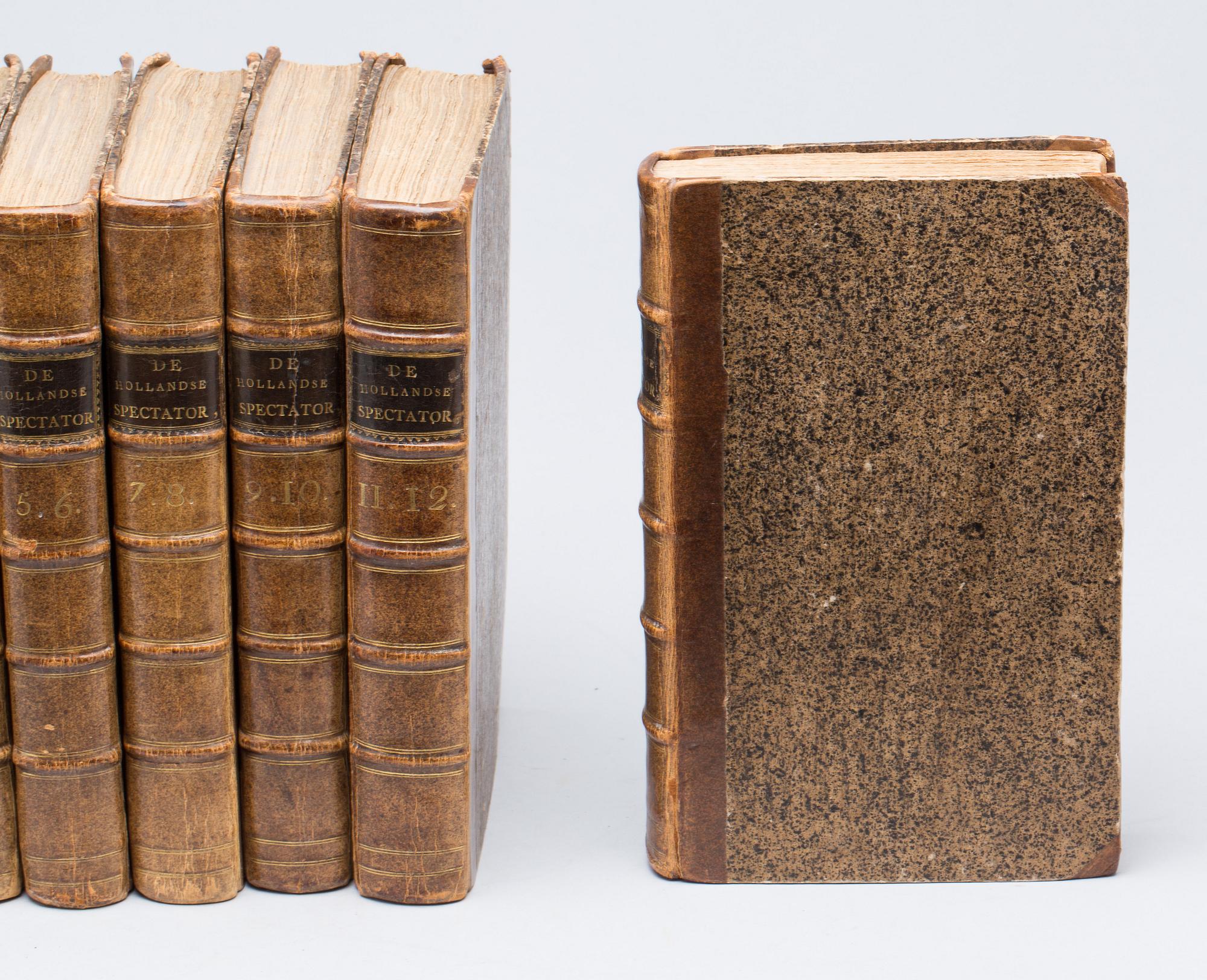 BOK, 6 volymer, "De Hollandsche Spextator", 12 delar i 6 vol.Hermanus Uytwerf, Amsterdam,1731-1735.