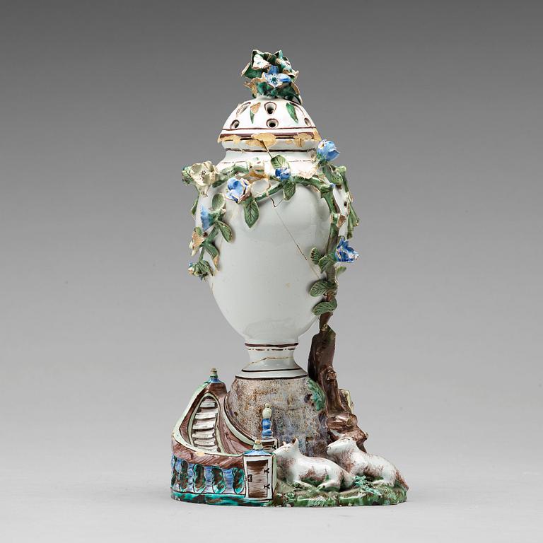 A Swedish Marieberg faience pottpurri vase with cover, 18th Century.