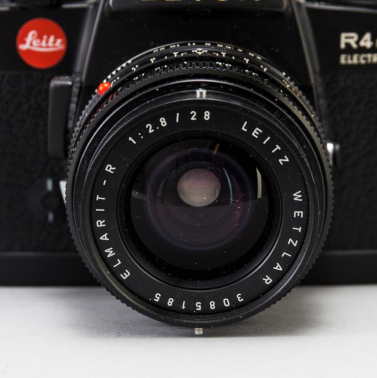 a black body Leica R4 camera with no 1538800, made in 1980. With Elmarit R 1:2,8 28mm.