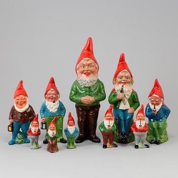 A collection of ten painted ceramic gnomes, partly from DDR, former East Germany, mid 20th century.