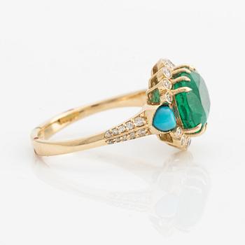 Ring with emerald, turquoises, and brilliant-cut diamonds.