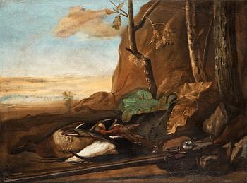 Govert Dircksz. Camphuysen, Still life with ducks and a rifle.