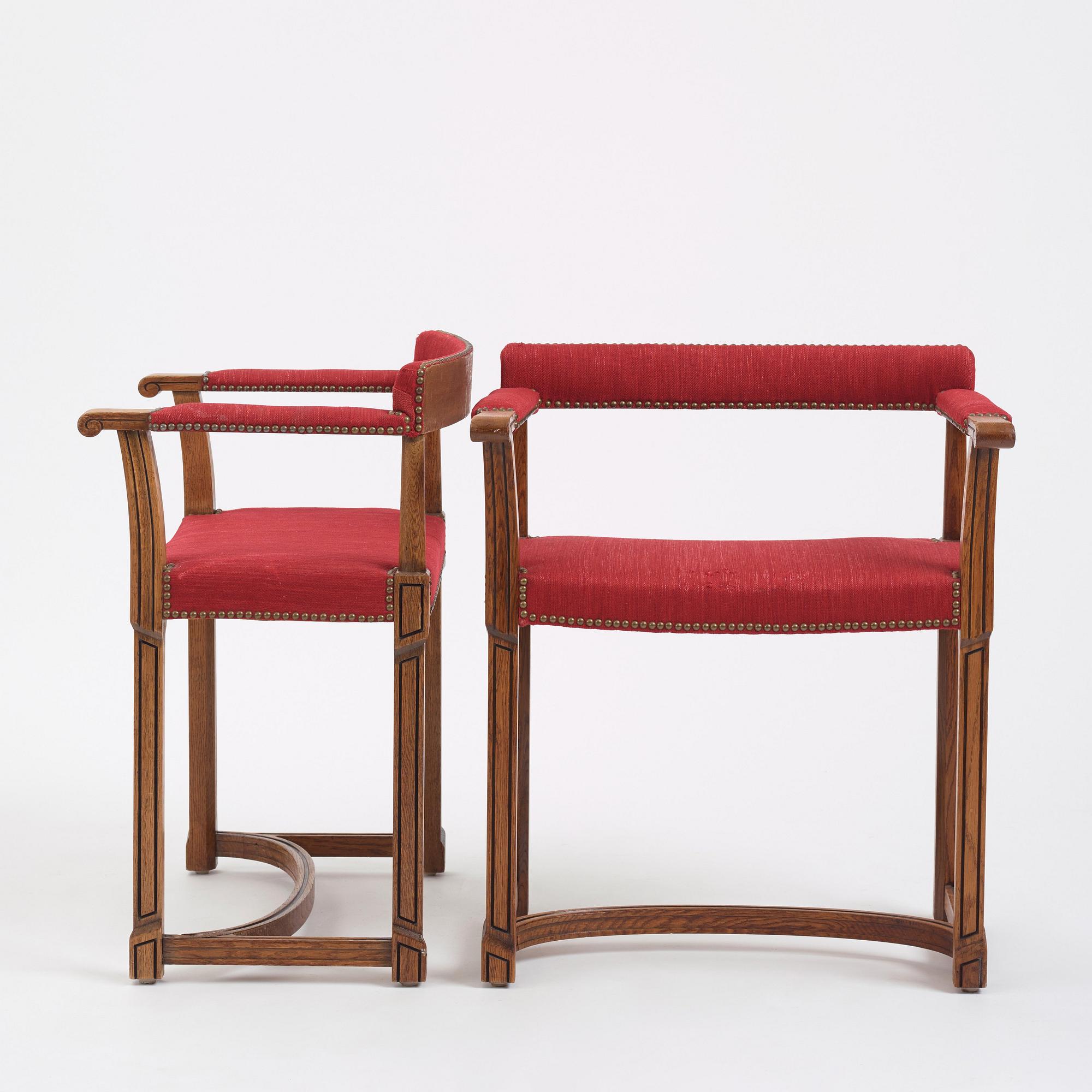 Carl Bergsten, a pair of oak easy chairs, Nordiska Kompaniet, 1923, ordered for the 1923 Jubilee Exhibition in Gothenburg.