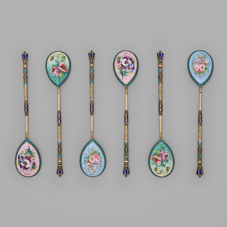 A set of six Russian silver-gilt and cloisonné tea-spoons, mark of Sasikow probably, Moscow 1899-1908.