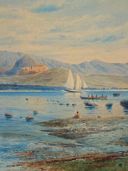 Jacob Hägg, Coastal landscape with anchored ships.
