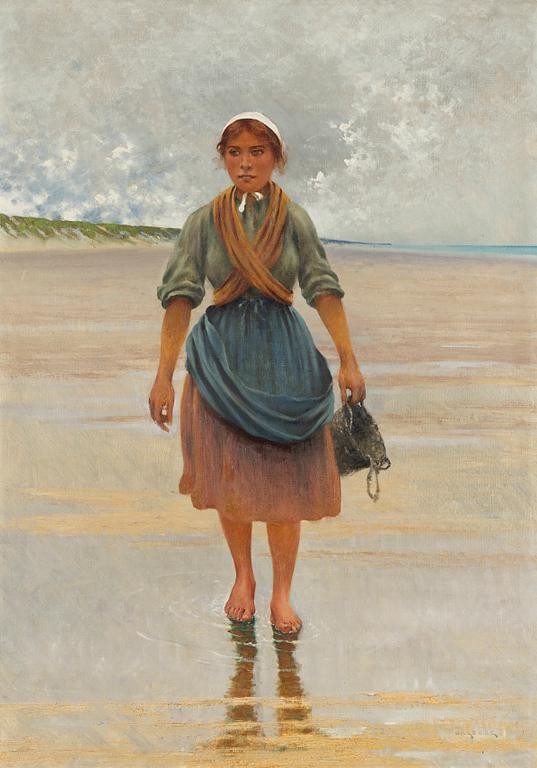 August Hagborg, Fiskarflicka på stranden. Motiv från Normandie.